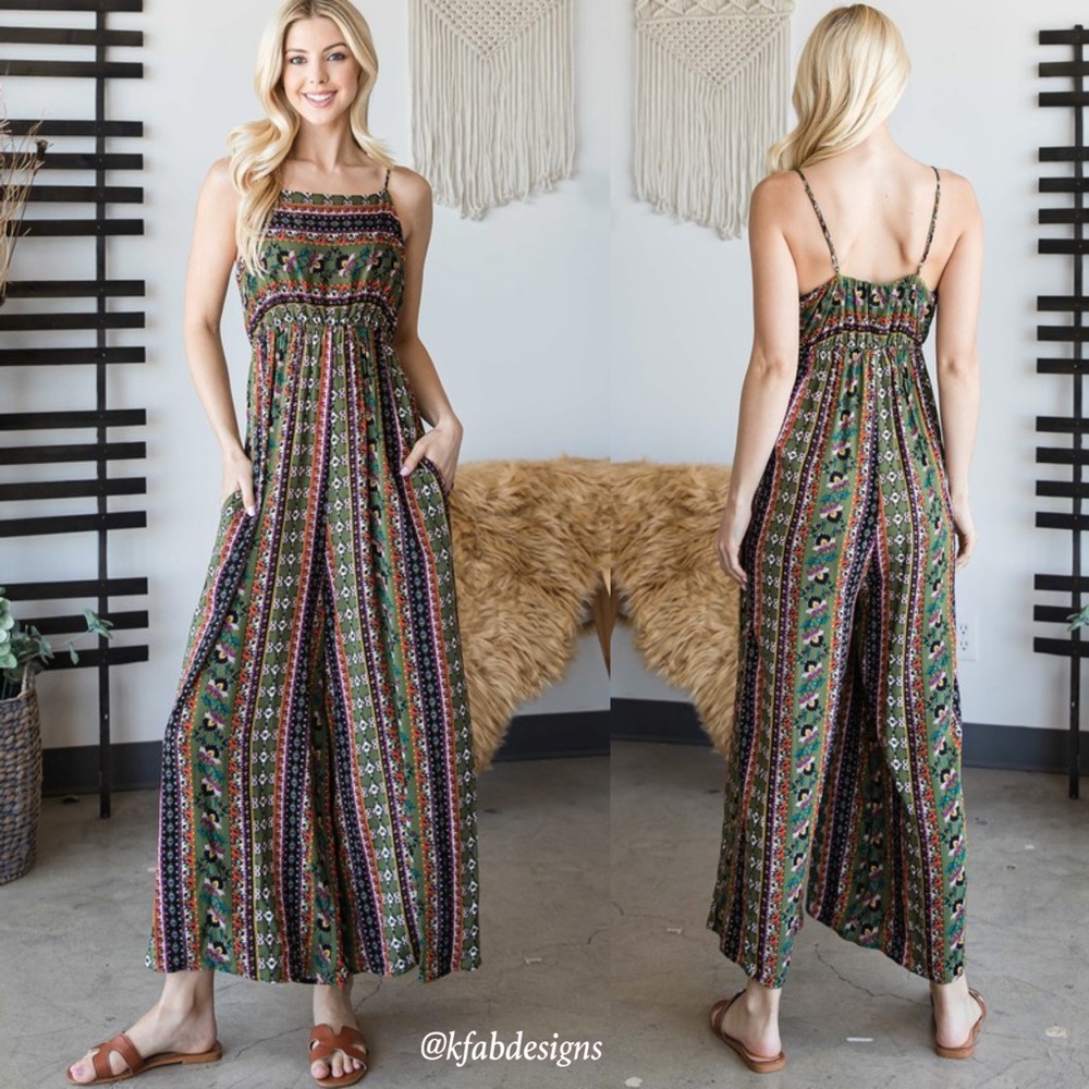 LAST 1! Gorgeous Boho Jumpsuit with adjustable straps elastic detail and Pockets - Picture 1 of 6